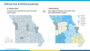 Rural Health Transformation Program (RHTP) Hub County Groupings and RCNs Map